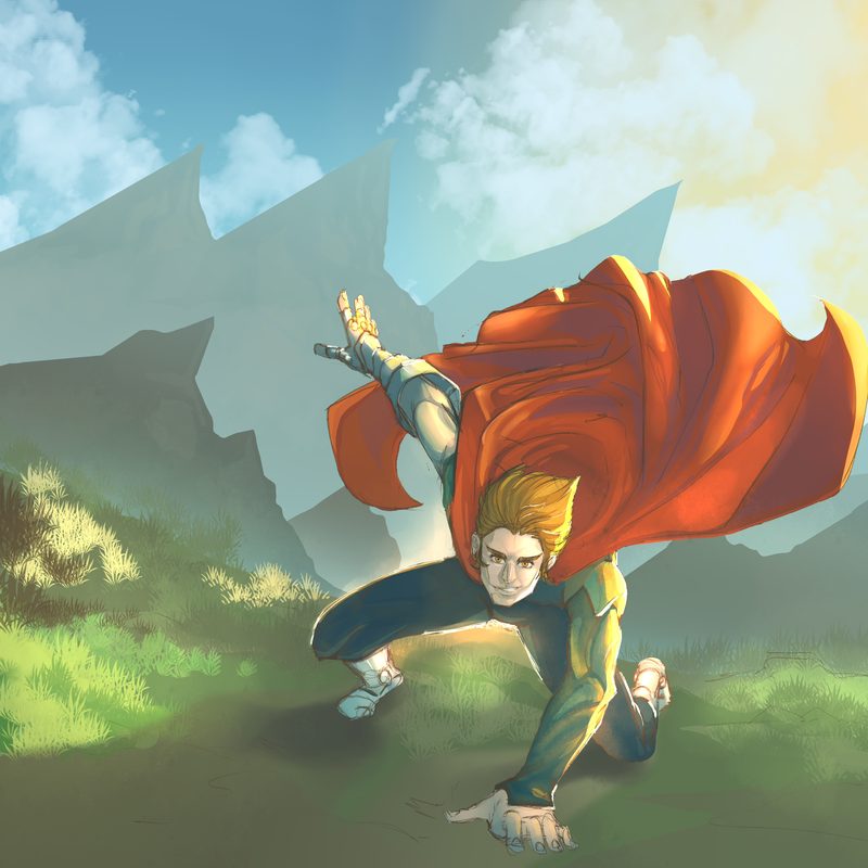 Blond hero in a red cape crouched in a field of low scrub, one hand resting on the ground and the other raised, with bluish mountains and a bright sky behind