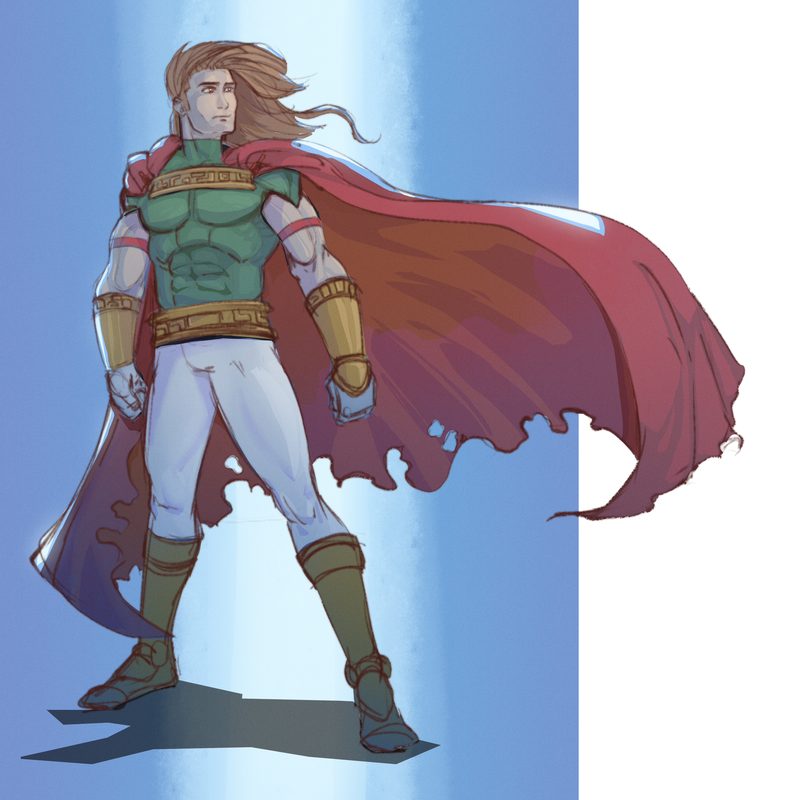 Long-haired hero in a green tunic with gold trim, metal bracers and a billowing red cape, standing front-on against a blue background
