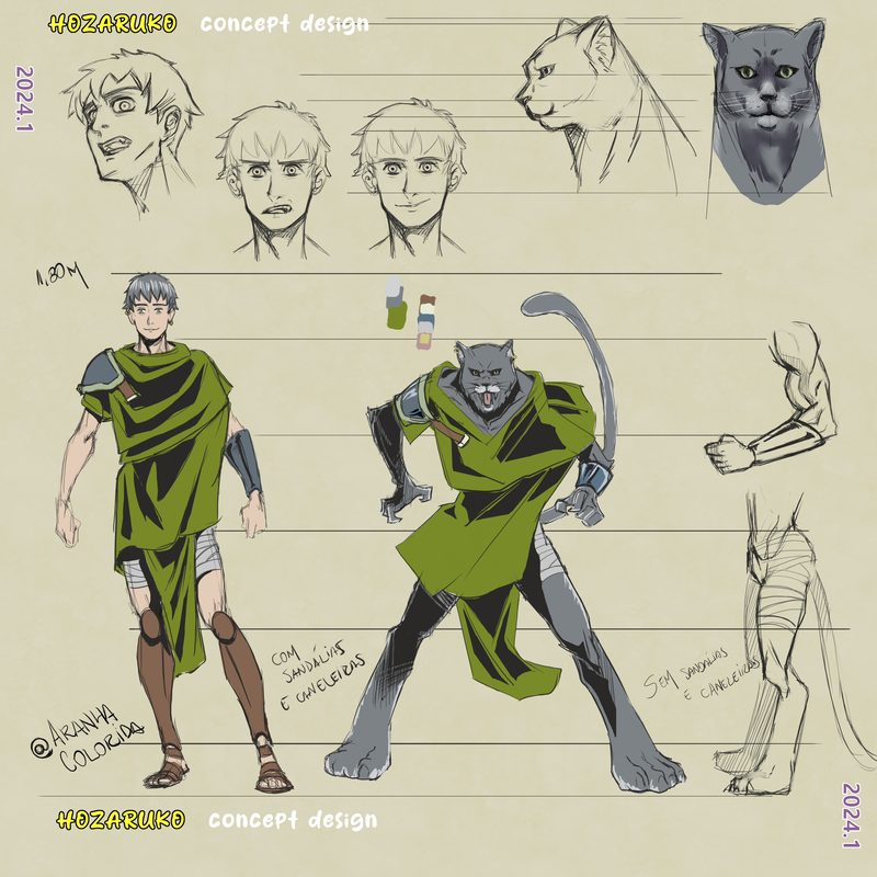 Concept design board on beige paper: expression studies of a young man, panther heads, and the final character in feline form wearing a green cloak, with height guides behind