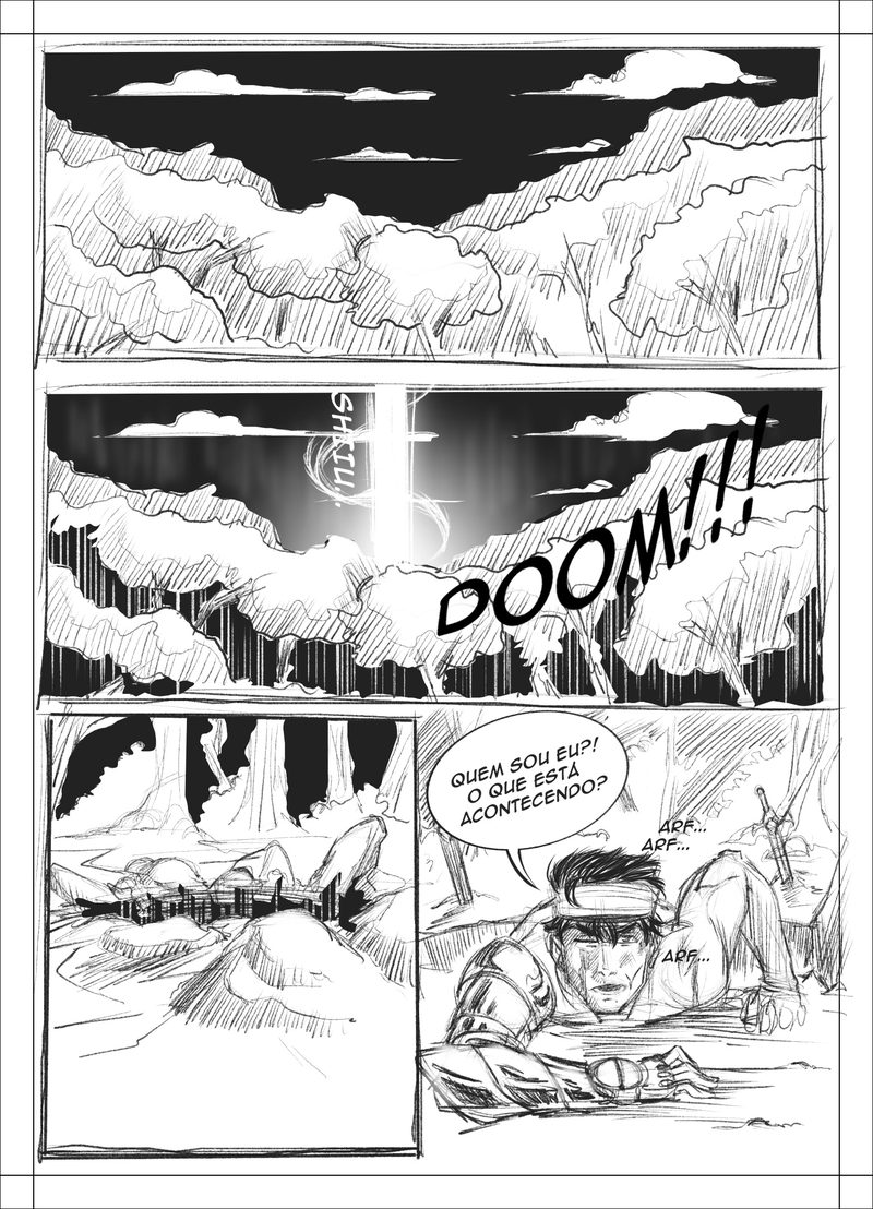 Personal comic page in pencil and ink: heavy clouds over a landscape, a flash of light with a loud sound effect, and a young man on the ground asking who he is