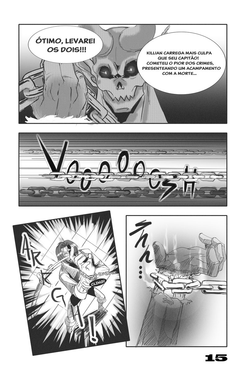 Page 15 of the Leon Spark comic in black and white: a horned skull creature declares it will take both, followed by action panels with a blade slicing through the air