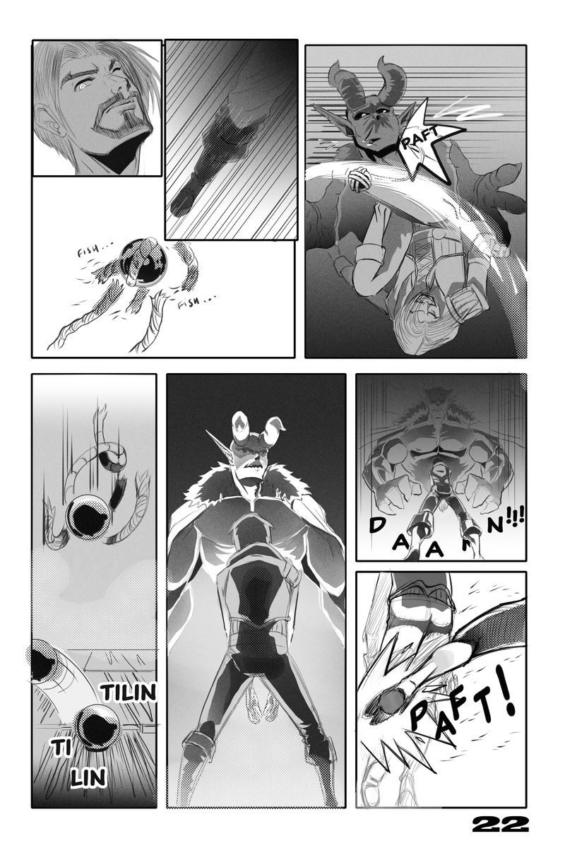 Page 22 of the Leon Spark comic: a black and white fight sequence with sound effects, and a caped hero leaping in backlight