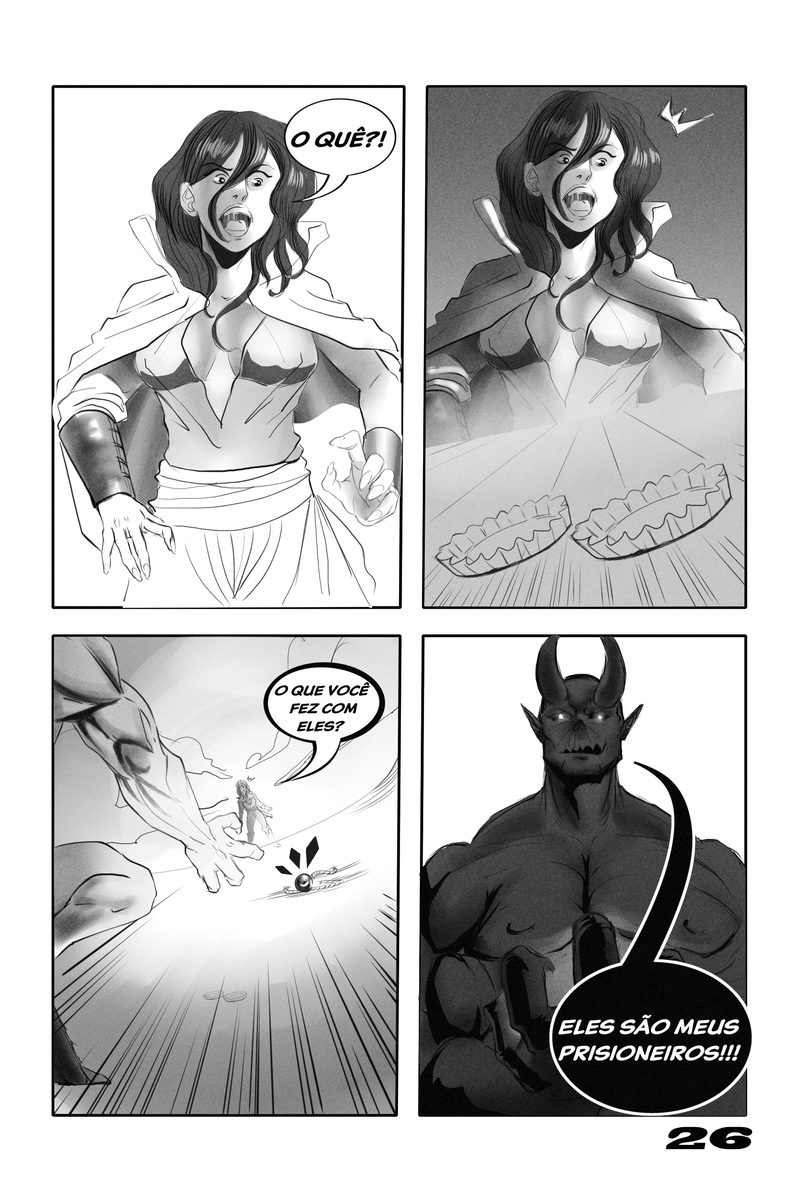 Page 26 of the Leon Spark comic: a woman shouts in two consecutive panels and a horned demon answers that they are his prisoners