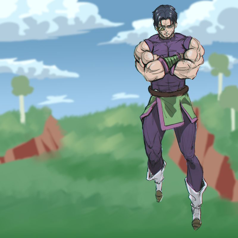 Fighter with spiky black hair in a purple and green outfit, arms crossed and wrapped wrists, in a rocky landscape under a blue sky