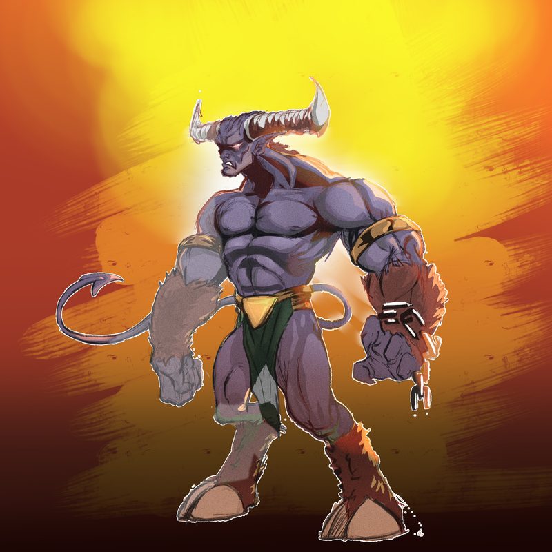 Muscular creature with purple skin, curved white horns and a thin tail, wearing a gold armband and green loincloth, standing against a background of orange and yellow brushstrokes