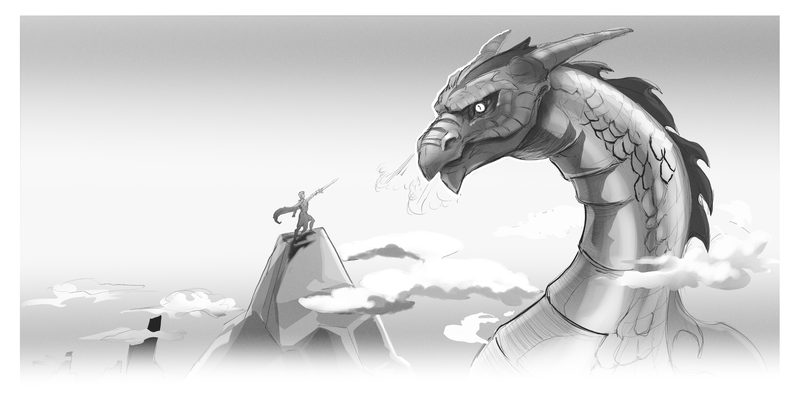 Grayscale illustration: a tiny warrior with a raised sword, atop a rocky peak, faces an enormous dragon with an arched neck breathing smoke through the clouds