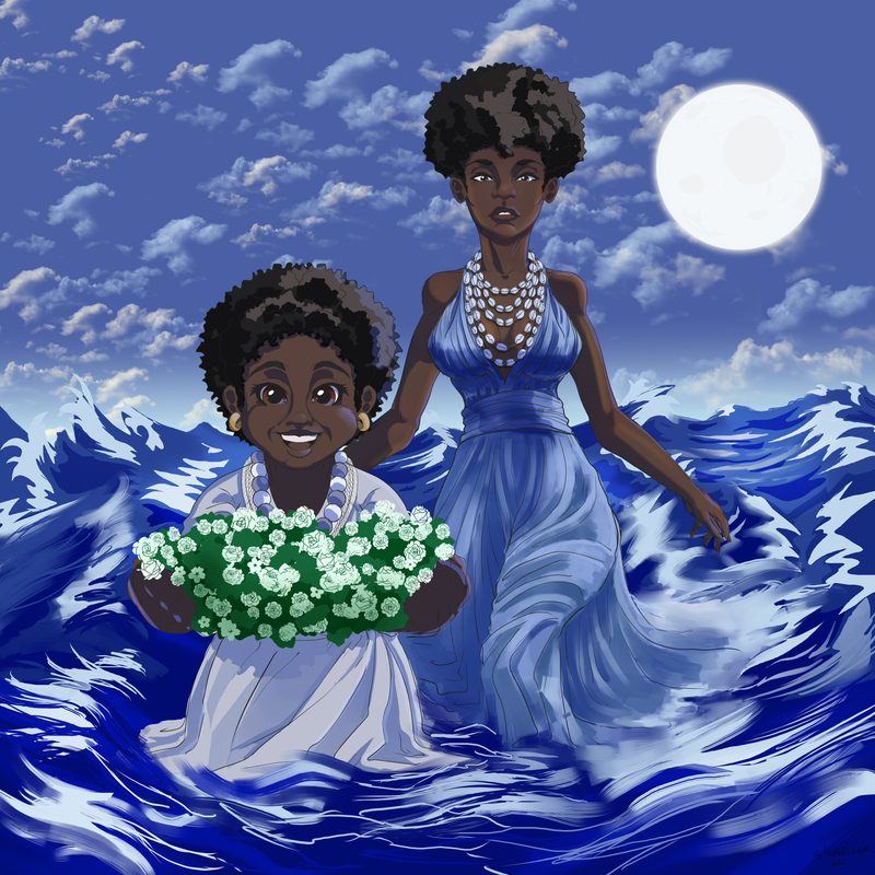 Color illustration of a Black woman in a blue dress and a girl in white standing in the sea at night, holding a bouquet of white flowers under the full moon