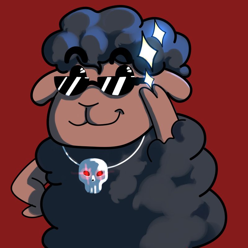 Black-wooled sheep wearing sunglasses and a skull pendant necklace, grinning with folded arms on a red background