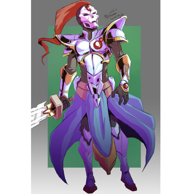 Paladin in white and purple armor with a red cloak, wielding a glowing war hammer, against a grey and green background
