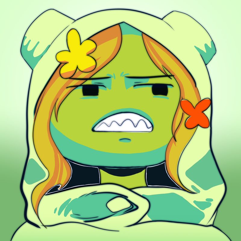 Cartoon-style portrait of a green-skinned character with orange hair, a hood, and flower and cross-shaped hair clips, pulling an annoyed face