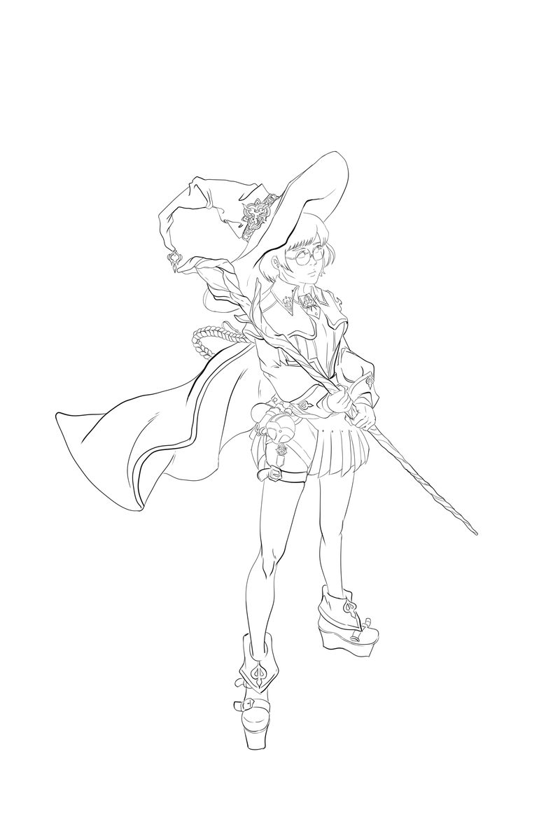 Black line art on white: a female character with a flowing cape wielding a spear in a dynamic pose, with no color at all