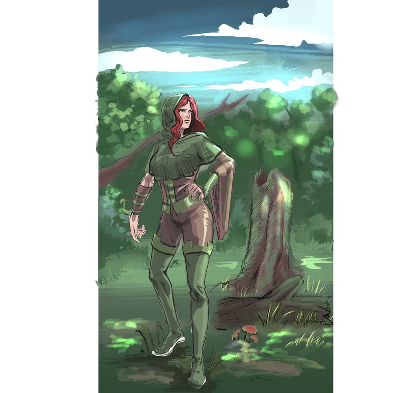 Red-haired character in a green scout tunic, hood and tall boots, standing in a forest clearing beside a cut tree stump and mushrooms