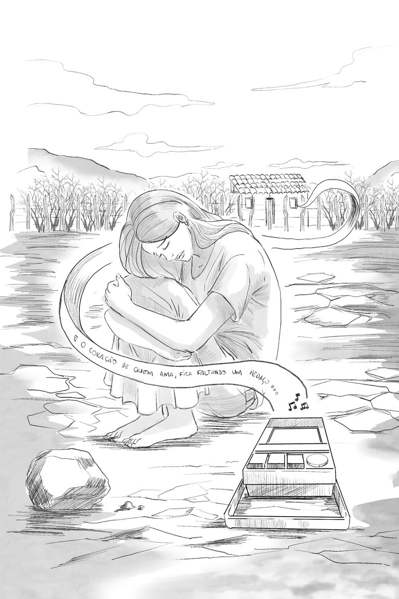 Pencil illustration of a couple embracing inside a circular frame, over a beach landscape with a wooden bench and a pergola behind