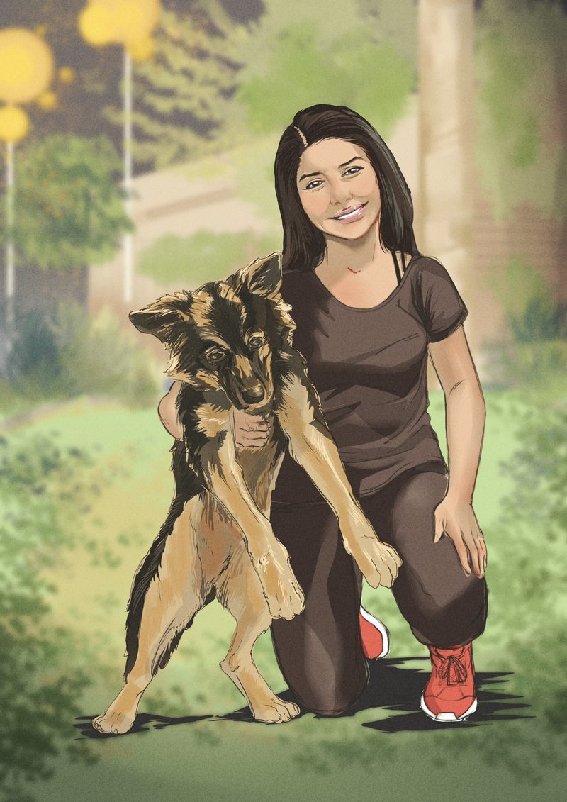 Illustrated portrait of a woman crouching on the grass of a park at dusk, smiling beside her German shepherd dog