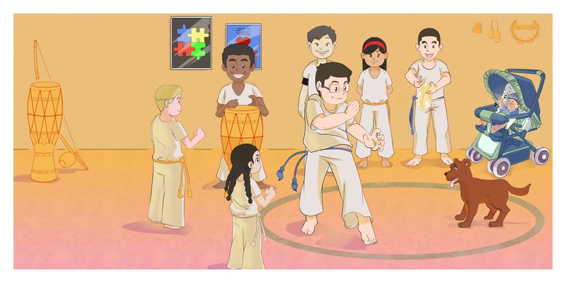 Cartoon illustration of a capoeira class: children in white uniforms form the circle, one playing an atabaque drum and another, in glasses, moving at the centre, while a dog and a baby in a pram watch and a jigsaw-piece poster hangs on the wall
