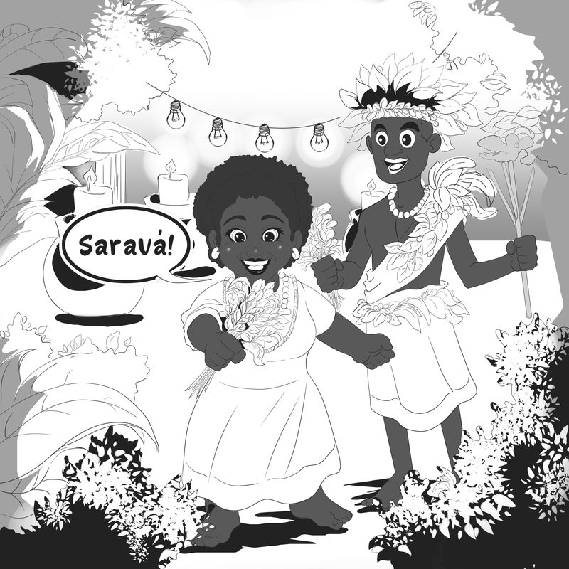 Black and white illustration of two Black women in white clothes and beaded necklaces at an outdoor celebration, under a string of lights, one of them calling out a greeting