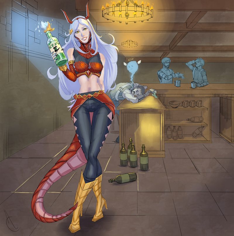 Tavern scene: a silver-haired character with horns and a reptilian tail raises a bottle in a toast, while creatures chat at the counter behind