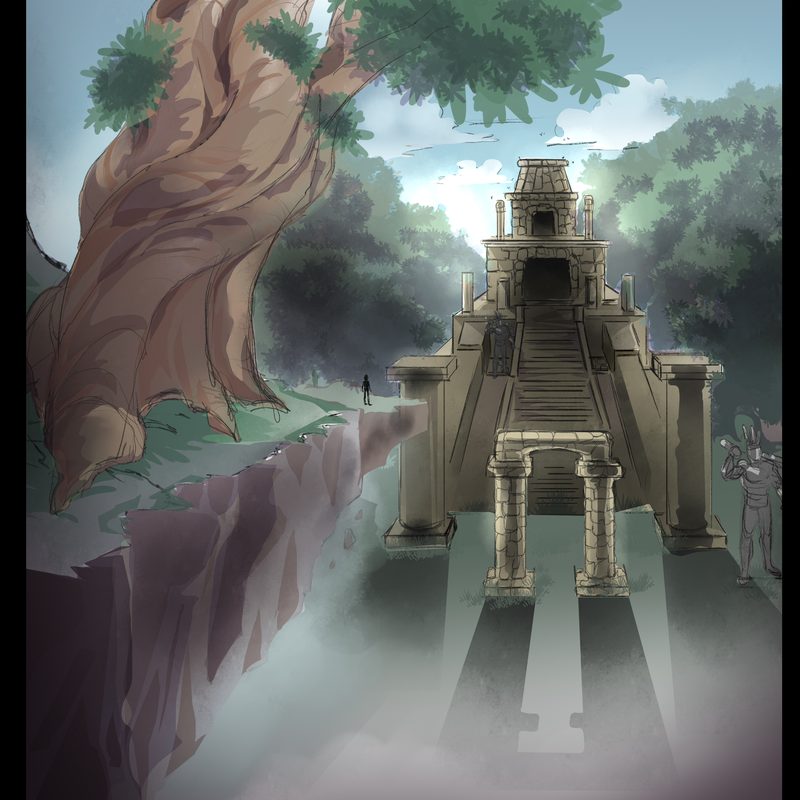 Stone temple with a wide staircase in the middle of the forest, seen from a cliff edge: an enormous tree with twisted roots fills the left side and tiny human figures climb the stairway