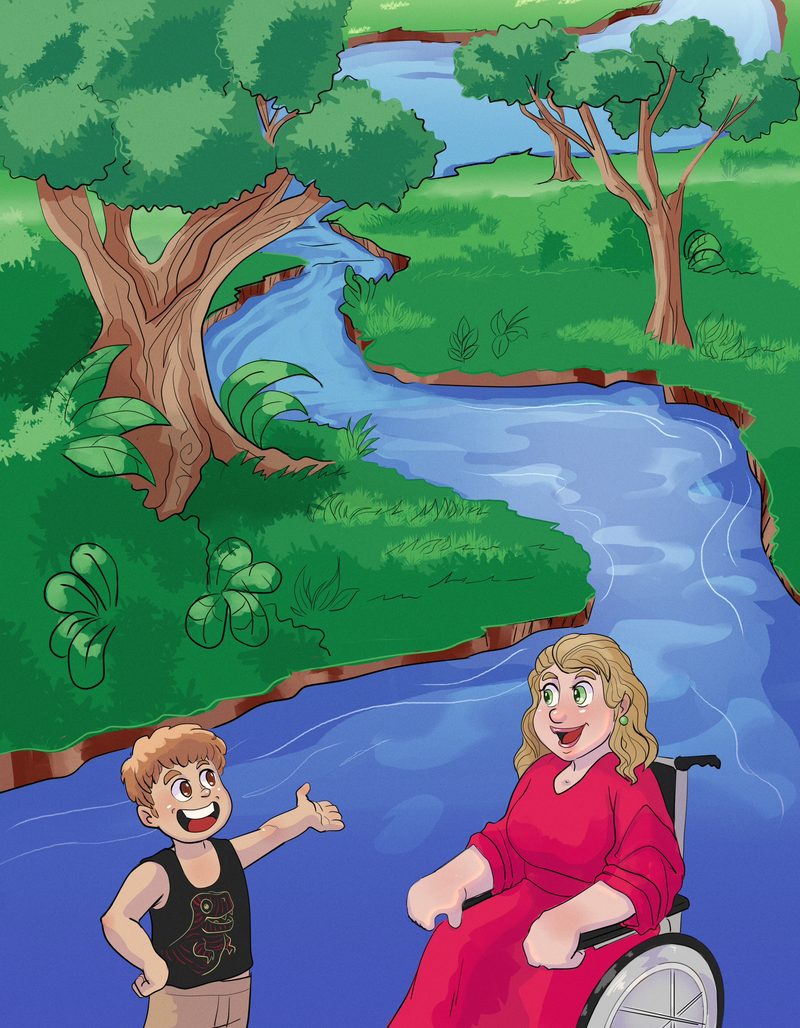 Page from the children's book A Vaca Murcha: a boy gives a thumbs up beside a woman in a red dress in a wheelchair, on the bank of a river surrounded by trees