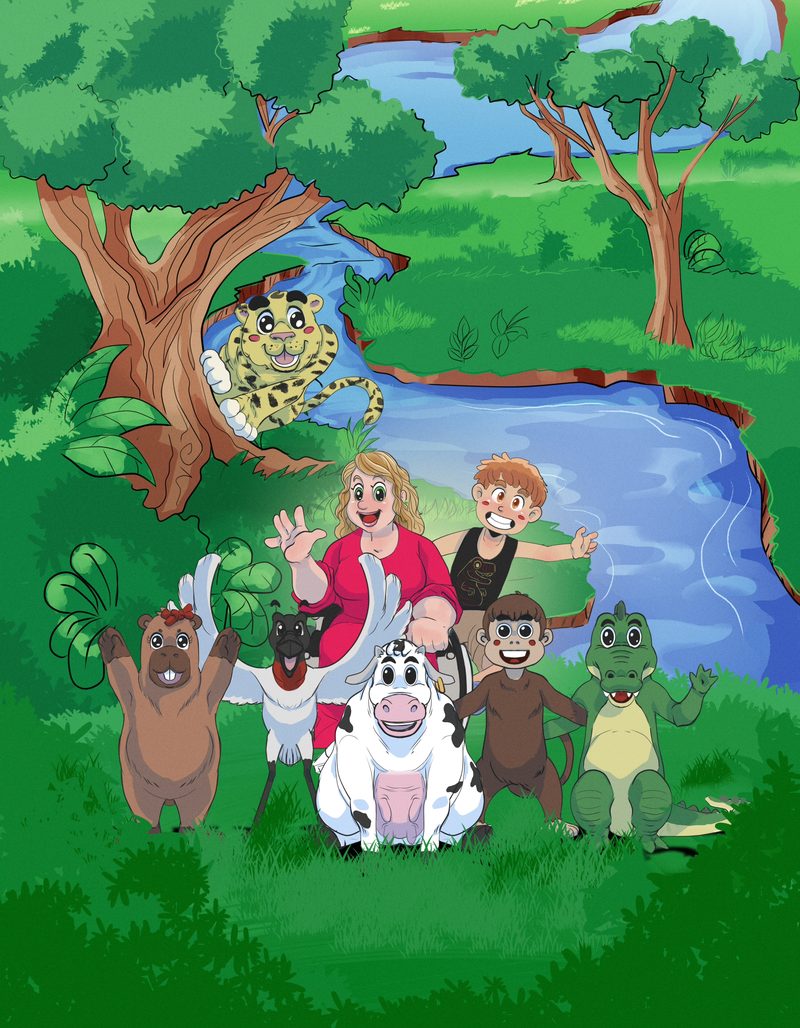 Final page of A Vaca Murcha: the woman in red and the children celebrate together with the cow, a monkey, an alligator and a jaguar, by the river