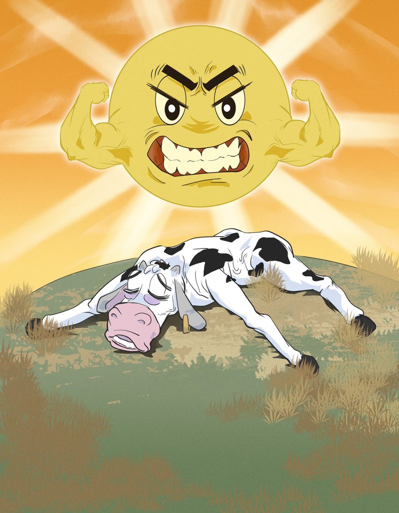 Page from A Vaca Murcha: an angry-faced sun with muscular arms blazes over a wilted cow collapsed in a dry field