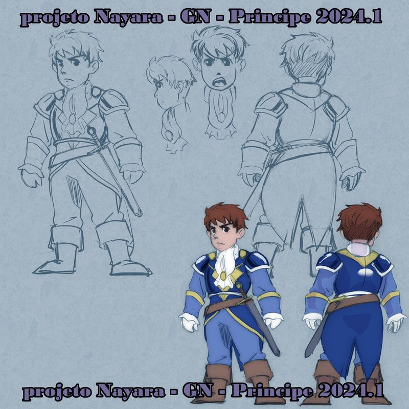 Character sheet of the prince from the Valisbinha book on a grey-blue background: pencil studies of body and face, plus two colored versions of the boy in a blue coat, front and back