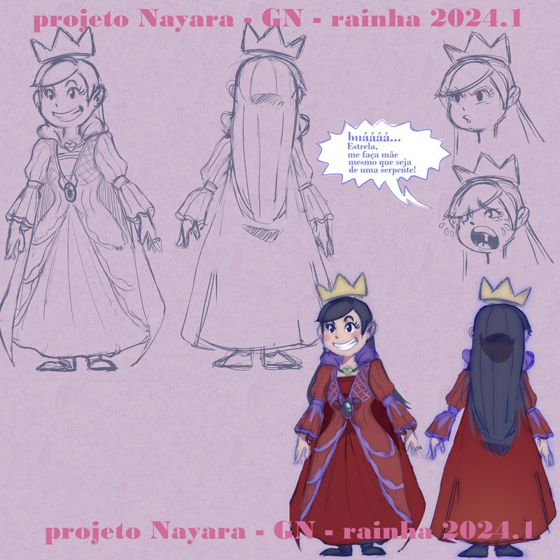 Character sheet of the queen on a pink background: sketches of a long gown and facial expressions, plus two finished versions of the character with a crown and red dress