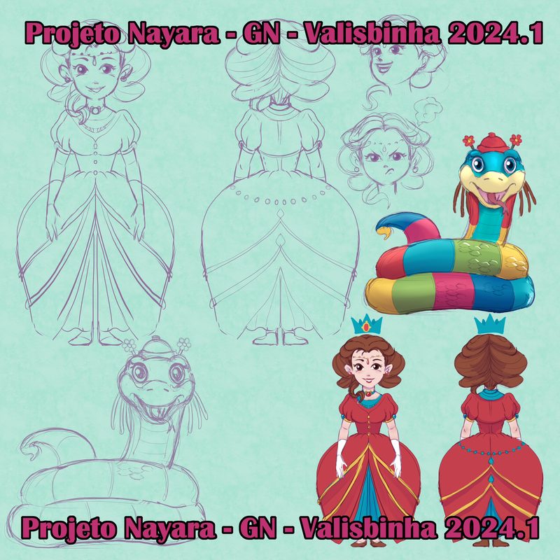 Character sheet on a light green background with Valisbinha the snake, her body striped in bright colors and a red cap, beside princess sketches and pose studies