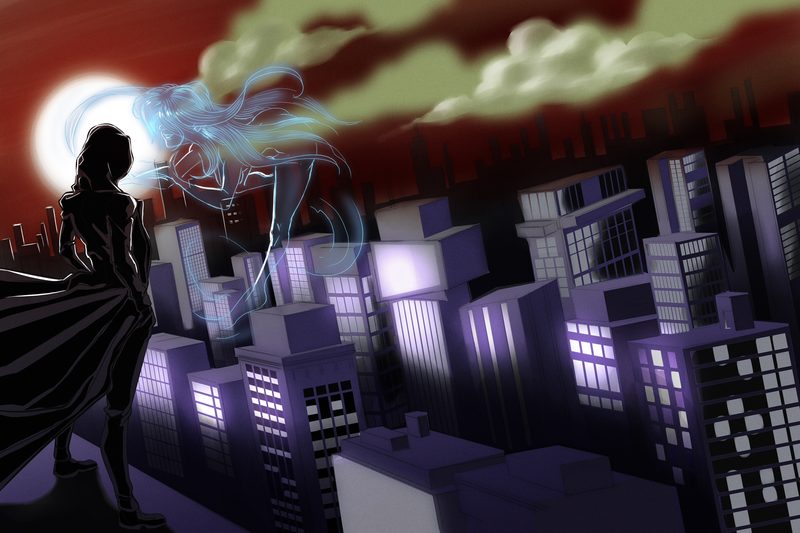 Caped figure in silhouette atop a building, watching a night city in shades of purple, with smoke rising between the towers