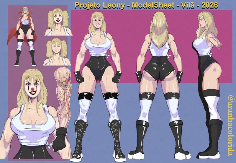 Colored model sheet of the villain from O Vigilante: five views of the blonde character in a white tank top, black shorts and high boots, plus expression studies with clown makeup, on a pink and blue background