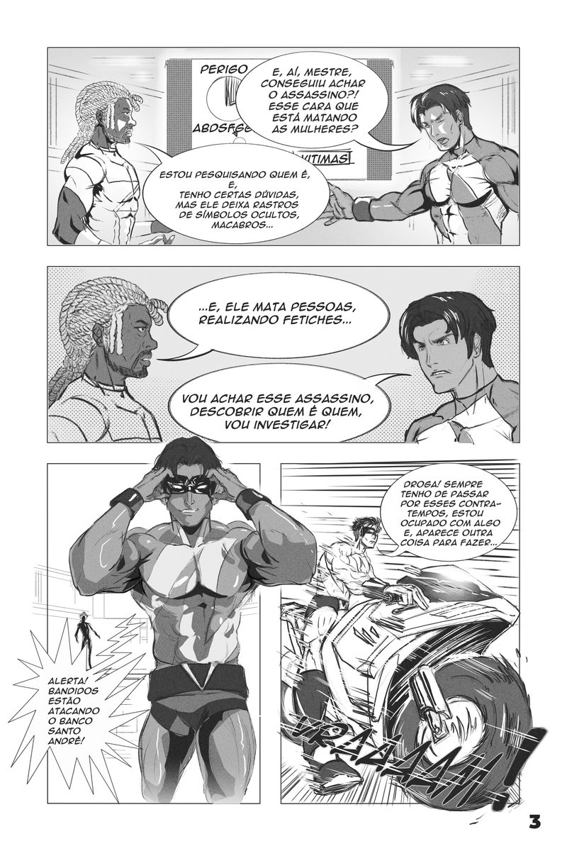 Page 3 of the O Vigilante comic, in color: two characters discuss the hunt for a killer while a muscular masked hero appears in the foreground