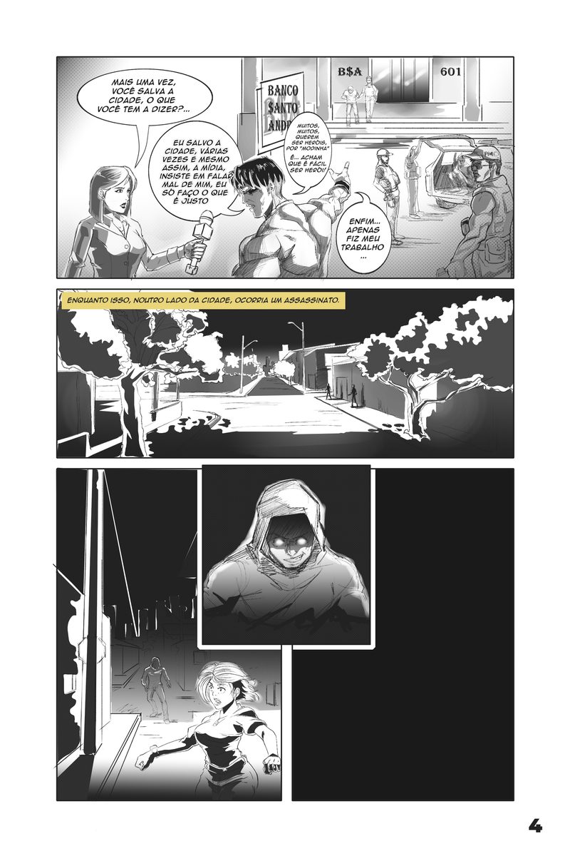 Page 4 of the O Vigilante comic: a night scene in blue and black, with a bank robbery and a hooded figure watching from above